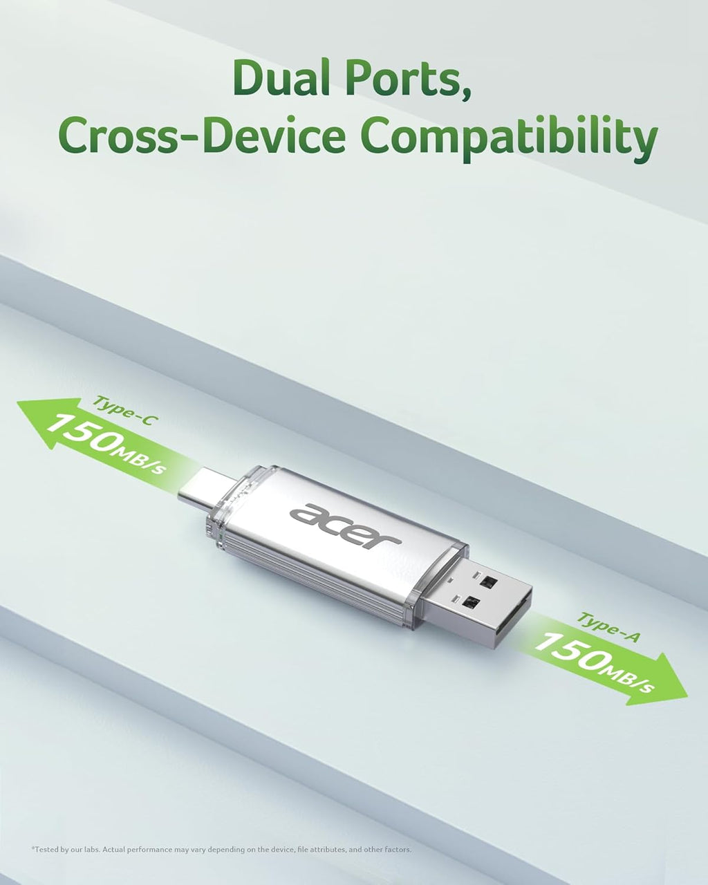 Acer USB Flashminne UT300 64 GB USB 3.2 Gen1, upp till 150 MB/s, med dubbla portar (Typ A och Typ C) för PC/bärbar dator/MacBook/smartphone