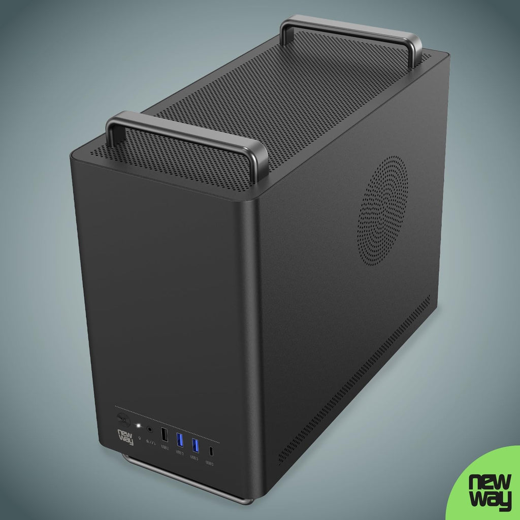 NEWWAY 2025 NC1 bärbart mini-torn, datorchassi, kompatibelt med Mini-ITX, ITX, Micro-ATX, typ-C, USB, inklusive 1 x fläkt, 9 mm, 3 Molex-stift, väggnät i metall (svart)