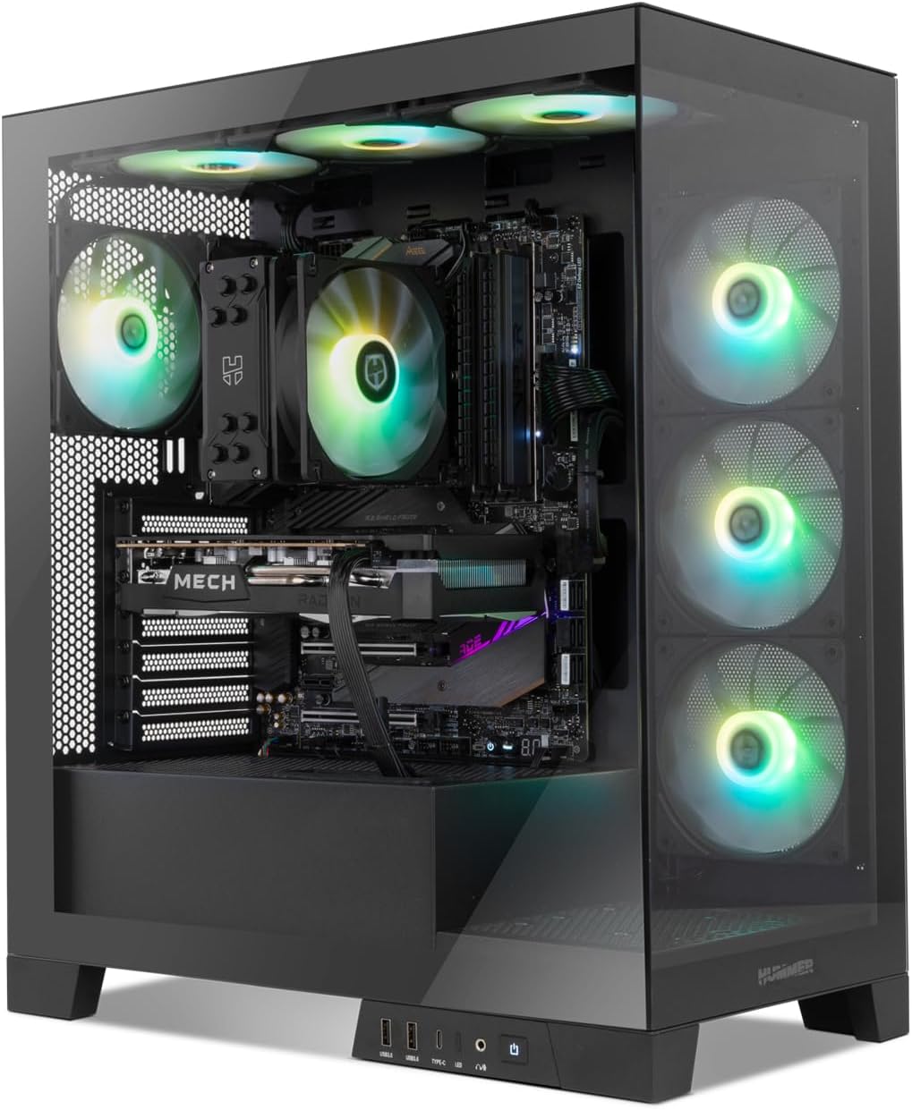 NOX XTREME PRODUCTS Hummer Galaxy - Datorchassi, Ramlöst Härdat Glas, 4x 120mm PWM Fläktar, Plats för 10 Fläktar, USB-C och USB 3.0, ARGB Hub Controller, ATX/M-ATX/ITX, Svart