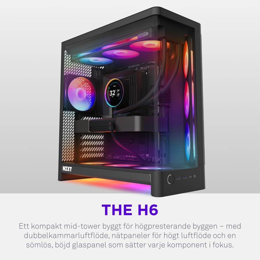 NZXT H6 RGB+ - Kompakt Dubbelkammare ATX PC-chassi - Vit
