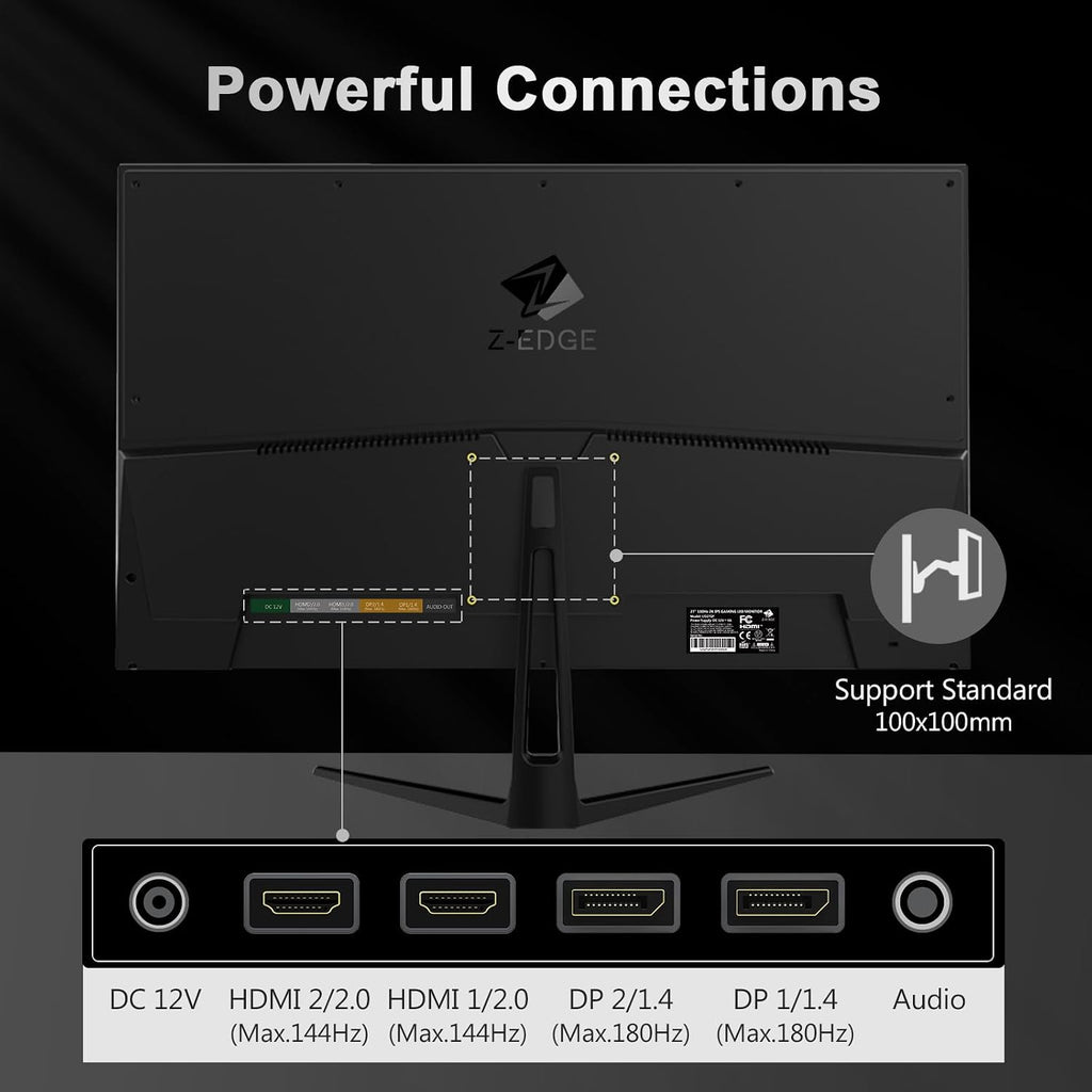 Z-Edge Gaming Datorskärm 27" 2K, Fast IPS, 180Hz/165Hz, 2560x1440, 94% DCI-P3, 1ms, FreeSync, 1,07M, Gaming Skärm Ultratunn Ram, Justerbar Lutning, 2×HDMI (144Hz), 2×DP1.4 (180Hz), VESA