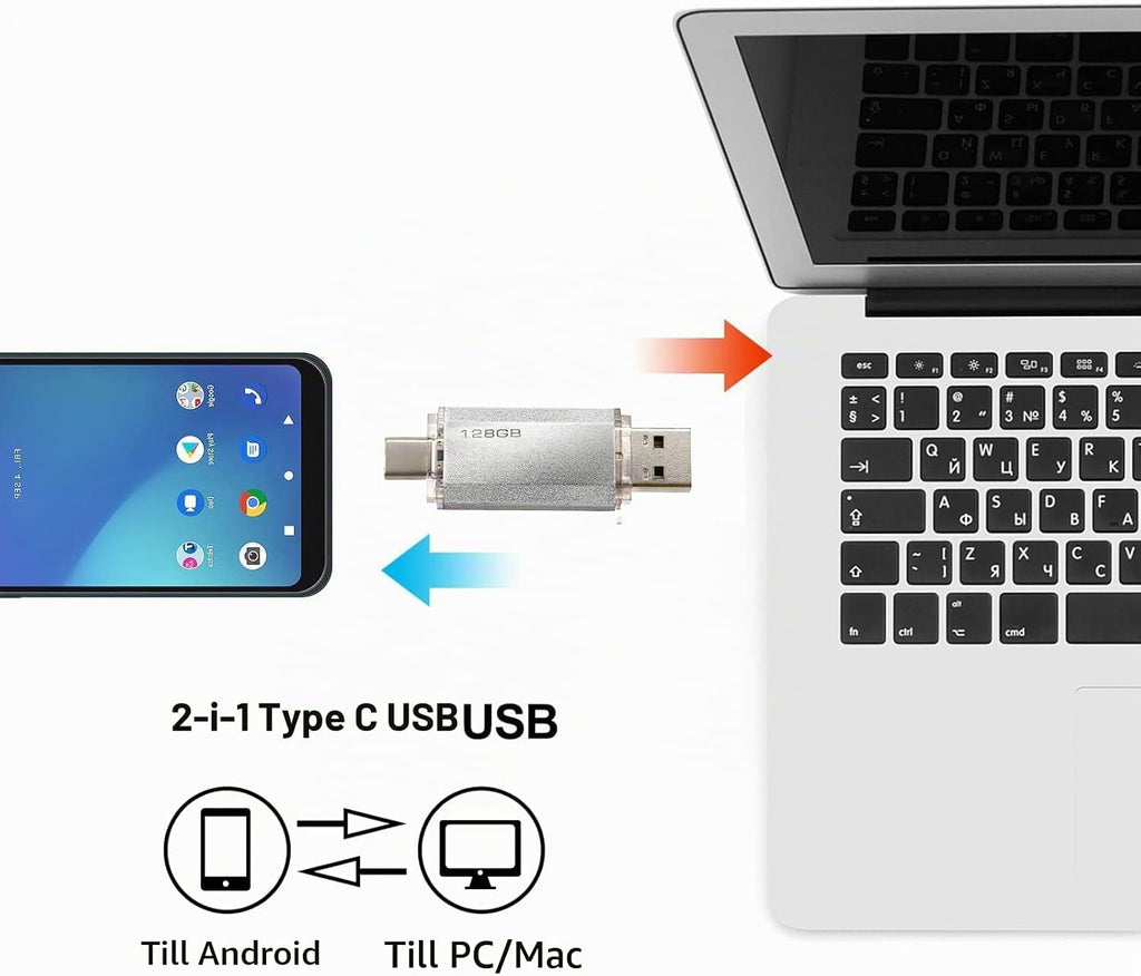 128 GB 2-i-1 USB-minne 128 GB typ-C Pendrive 128GO USB C Flash Drive 128 Giga 2-i-1 OTG Pen 128GO för PC/surfplatta/Laptop/Smartphone med typ C, Xiaomi/Huawei (silver)