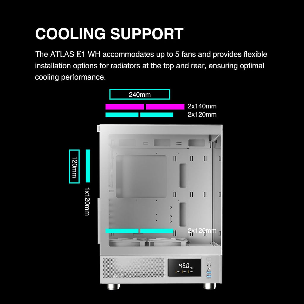 GAMDIAS ATLAS E1 WH Gaming ATX Mid Tower Datorfodral, anpassad bildskärm med programvara, 3 x 120 mm ARGB-fläktar (2 baksida), panorama härdat glasskärm, perforerad luftflödesventil PSU-kammare, vit