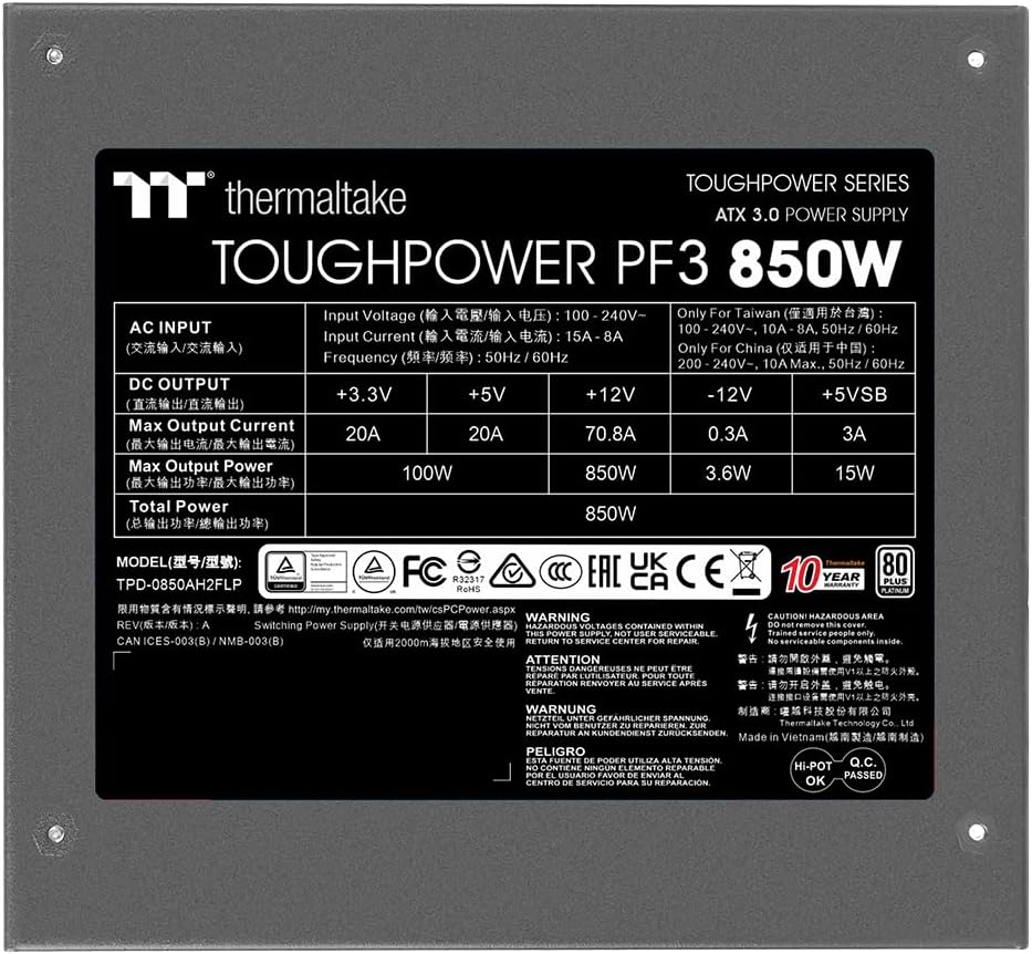 Thermaltake Toughpower PF3 850W Gen 5 | ATX 3.0 | PCIe Gen 5 ready | Smart Zero Fan | 80 Plus Platinum | Fully Modular