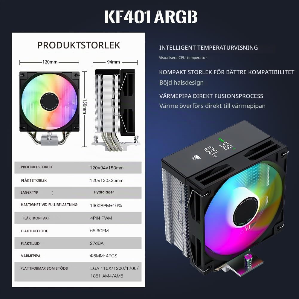 TZMRIT KF620 DGT ARGB CPU-kylare med temperaturvisning 265 W TDP för Intel LGA 1700/1200/115X/1851/1366/2011, för AMD AM4/AM5 (KF620BK)
