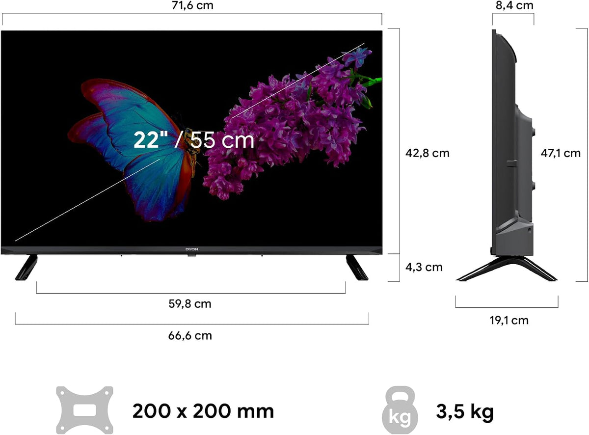 DYON Smart 40 VX-2 Full HD-TV, trippel HD-mottagare (DVB-C/-S2/-T2), App Store, Prime Video, Netflix, YouTube, DAZN, Disney+, svart