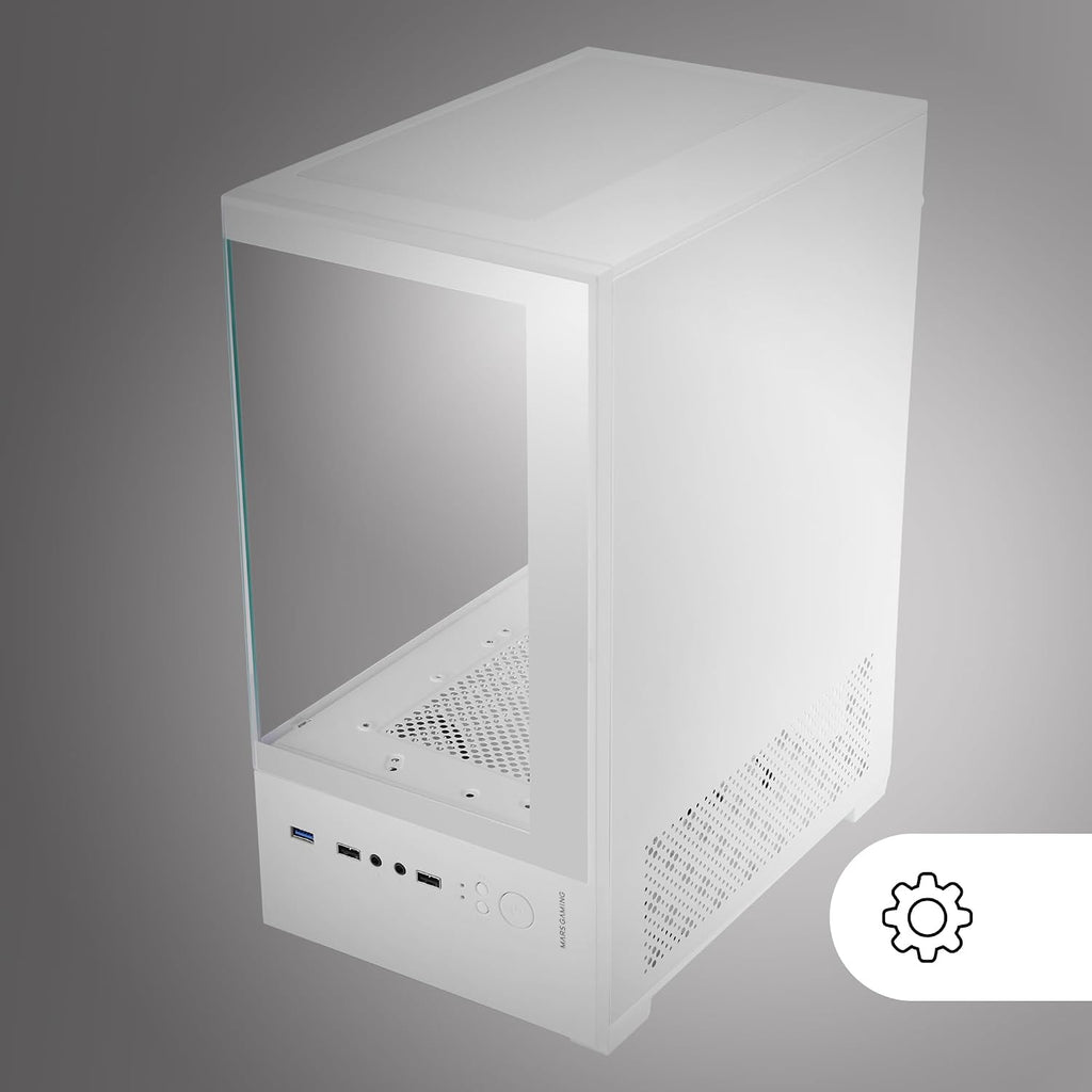 Mars Gaming MC-SE2, MicroATX Gaming Chassi, Härdat Glas Fram och Sida Utan Ram, 120mm FRGB Fläkt, Dubbelkammarsstruktur, Kompakt PC-Minitorn med Stor Intern Kapacitet, Vit