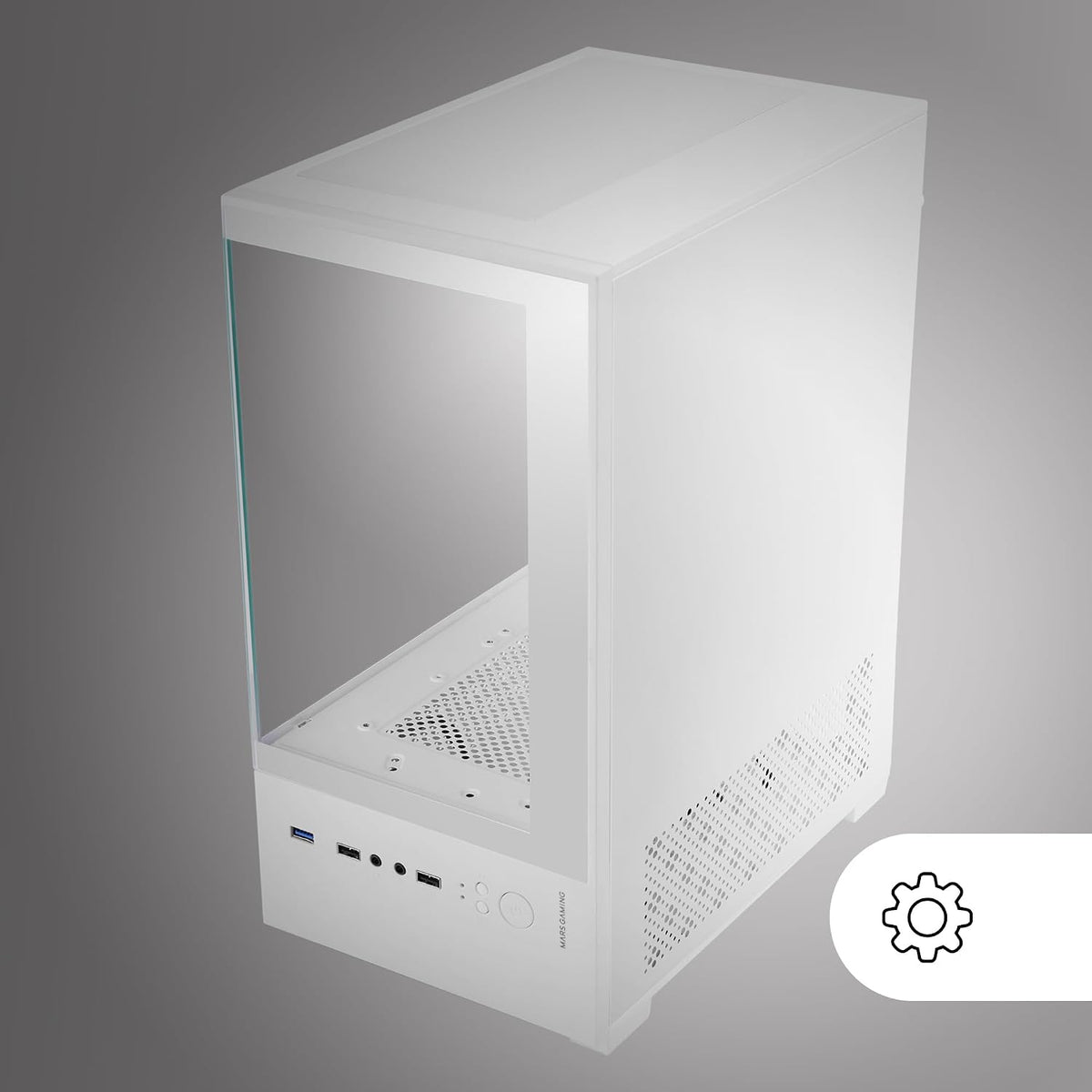 Mars Gaming MC-SE2, MicroATX Gaming Chassi, Härdat Glas Fram och Sida Utan Ram, 120mm FRGB Fläkt, Dubbelkammarsstruktur, Kompakt PC-Minitorn med Stor Intern Kapacitet, Vit