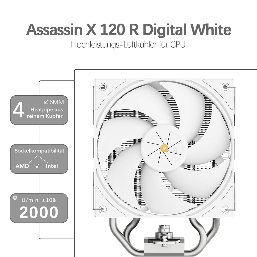 TR-Thermalright Assassin X 120 Digital ARGB vit CPU-kylare, 4 värmerör ARGB-fläkt 120 mm-2 000 varv/min, topplock med digital skärm, för AM5/AM4, Intel LGA1851/1700, vit
