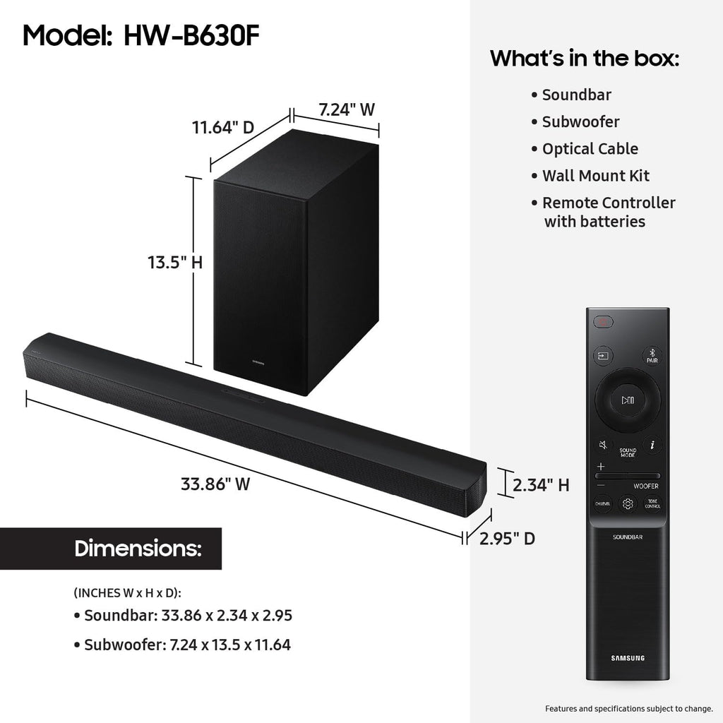 Samsung B-Series Soundbar HW-B550F 2.1 ch DTS Virtual:X Soundbar with Subwoofer (2025 Model) Voice Enhance Mode, Bass Boost, Adaptive Sound