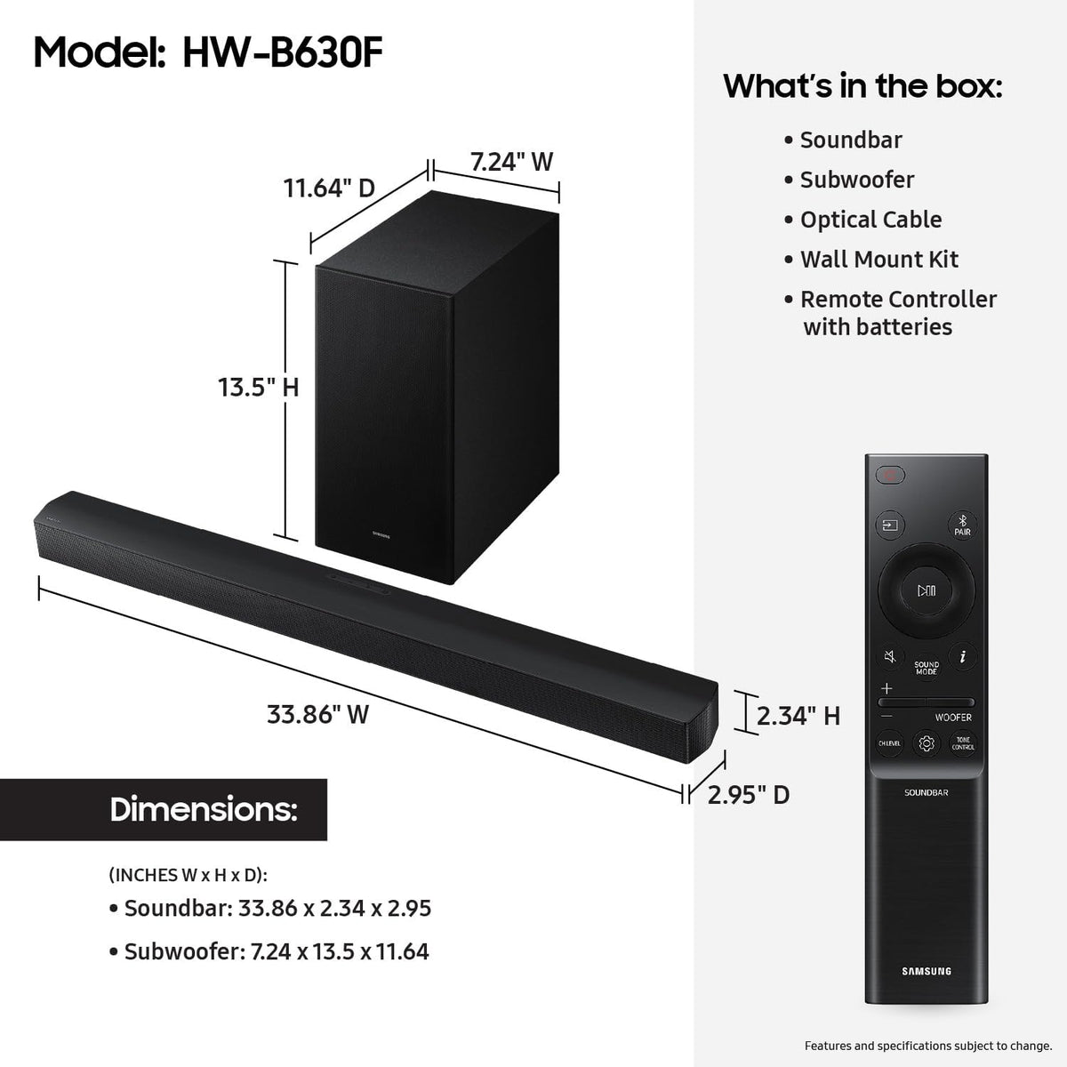 Samsung B-Series Soundbar HW-B550F 2.1 ch DTS Virtual:X Soundbar with Subwoofer (2025 Model) Voice Enhance Mode, Bass Boost, Adaptive Sound
