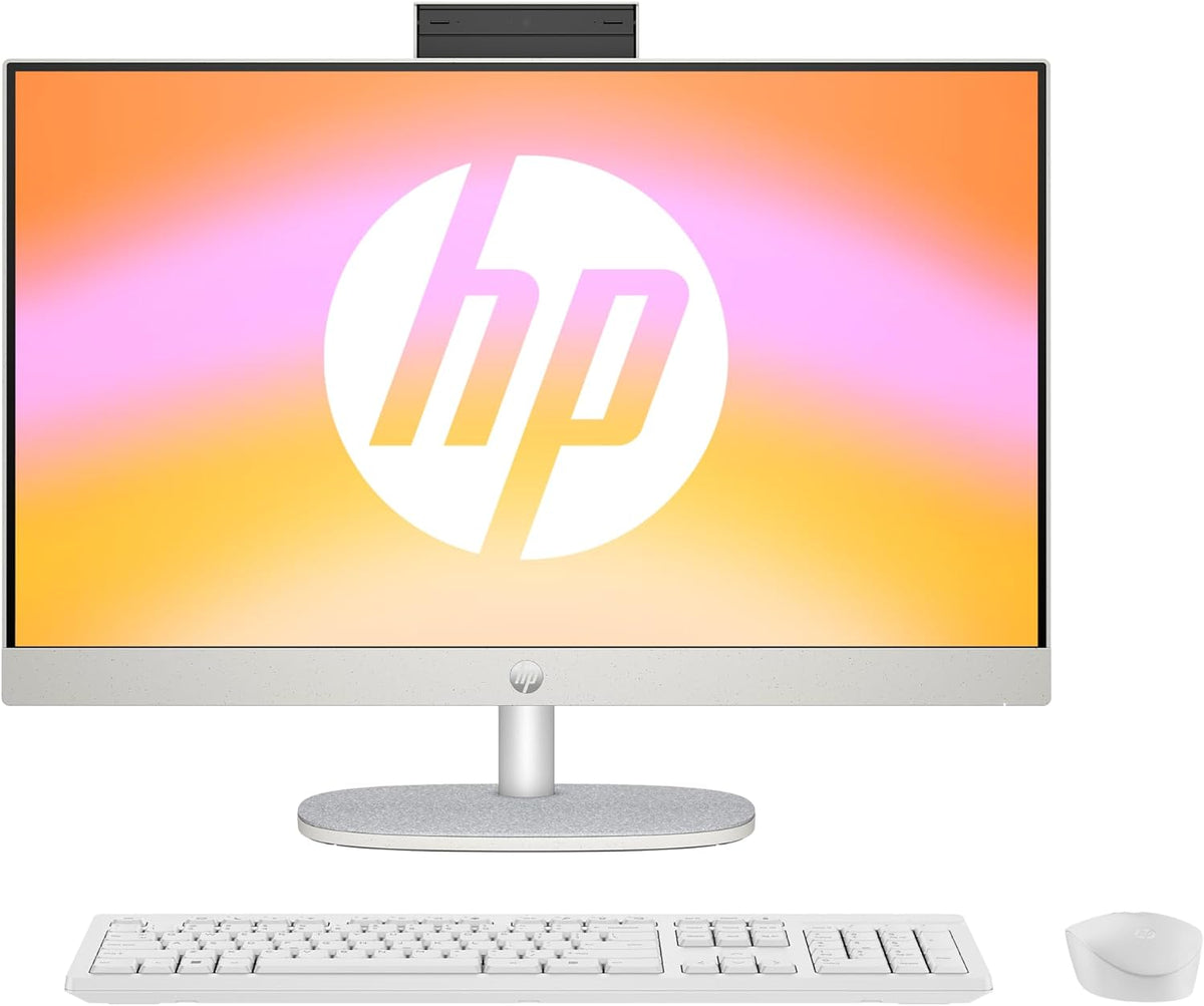 HP Allt-i-ett-stationär dator, 23,8 tums FHD-skärm, AMD Ryzen 5 7520U, 8 GB DDR5 RAM, 512 GB SSD, AMD Radeon-grafikenhet, Windows 11 Home, QWERTZ vit, exklusivt från Amazon