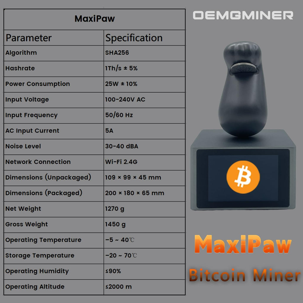 Ny MaxiPaw 1TH/S 25W Bitcoin Miner, BTC Miner med BTC-prismätare i realtid och kryptomaskin med solo-läge, Maxi Miner lågt brus, hem- och kontorsgruvning av OEMGMINER