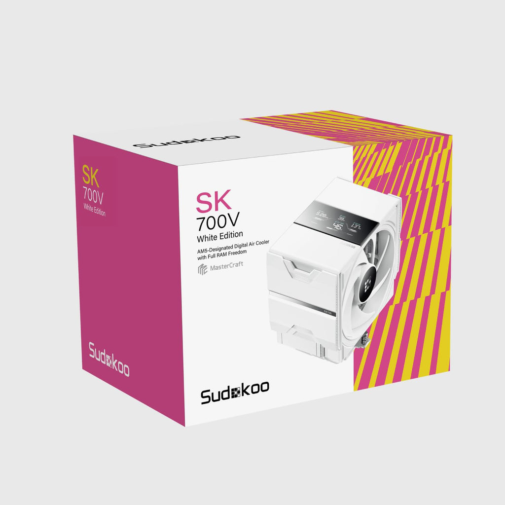 Sudokoo SK700V VIT AM5 CPU-Kylare, AM5 Exklusiv, Digital Display, 7 Värmeledarrör CPU-Luftkylare, Enkel Torn-Design, 120mm FDB PWM-Fläkt, Full RAM-Kompatibilitet, L-Rail Låsmontering, 5 Års Garanti