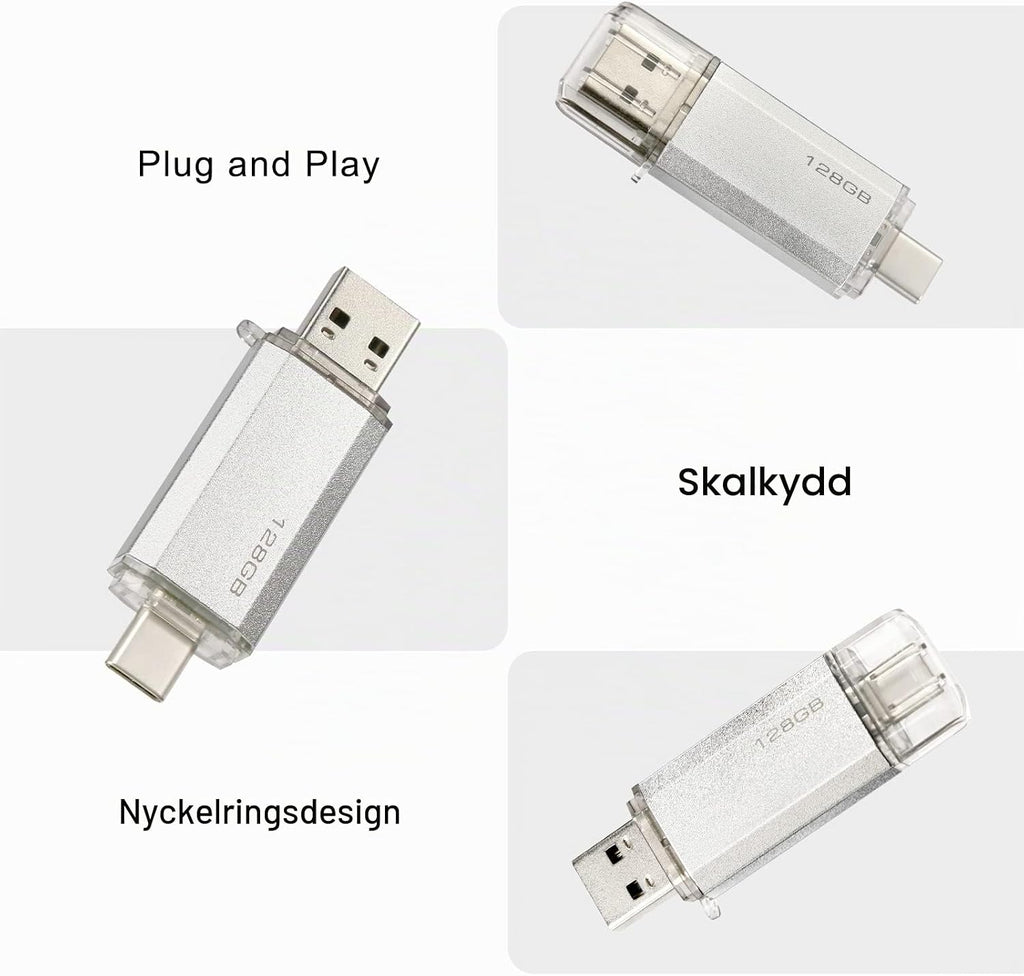 128 GB 2-i-1 USB-minne 128 GB typ-C Pendrive 128GO USB C Flash Drive 128 Giga 2-i-1 OTG Pen 128GO för PC/surfplatta/Laptop/Smartphone med typ C, Xiaomi/Huawei (silver)