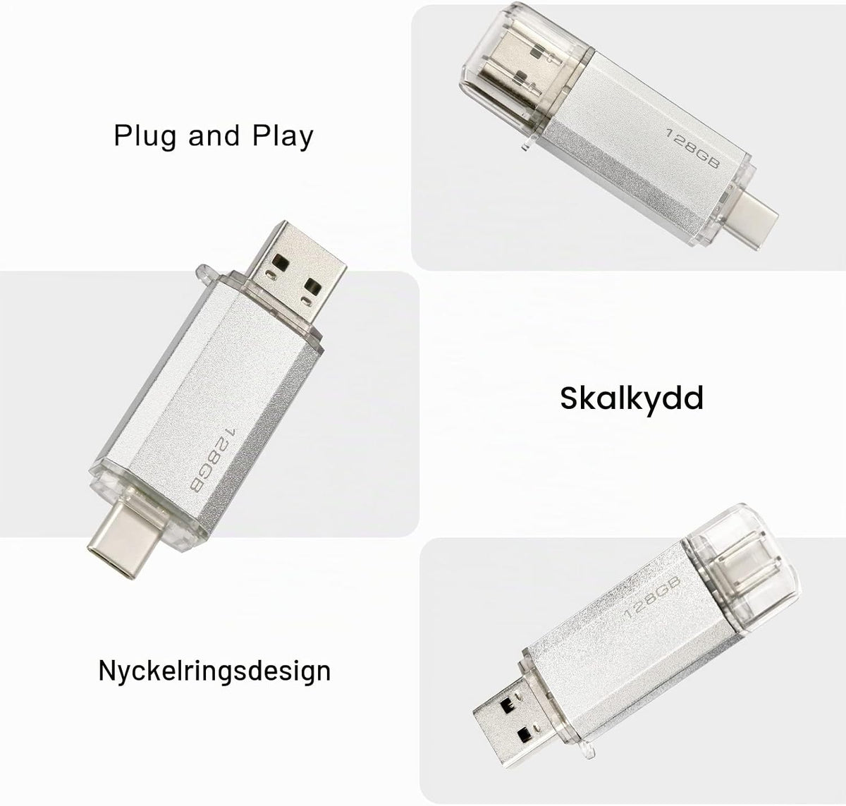 128 GB 2-i-1 USB-minne 128 GB typ-C Pendrive 128GO USB C Flash Drive 128 Giga 2-i-1 OTG Pen 128GO för PC/surfplatta/Laptop/Smartphone med typ C, Xiaomi/Huawei (silver)