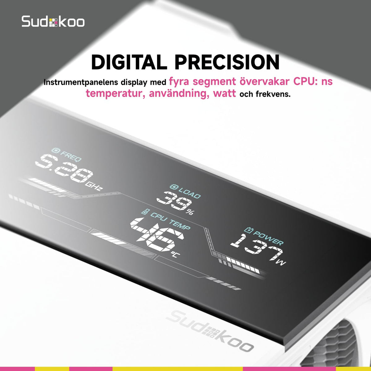 Sudokoo SK700V VIT AM5 CPU-Kylare, AM5 Exklusiv, Digital Display, 7 Värmeledarrör CPU-Luftkylare, Enkel Torn-Design, 120mm FDB PWM-Fläkt, Full RAM-Kompatibilitet, L-Rail Låsmontering, 5 Års Garanti