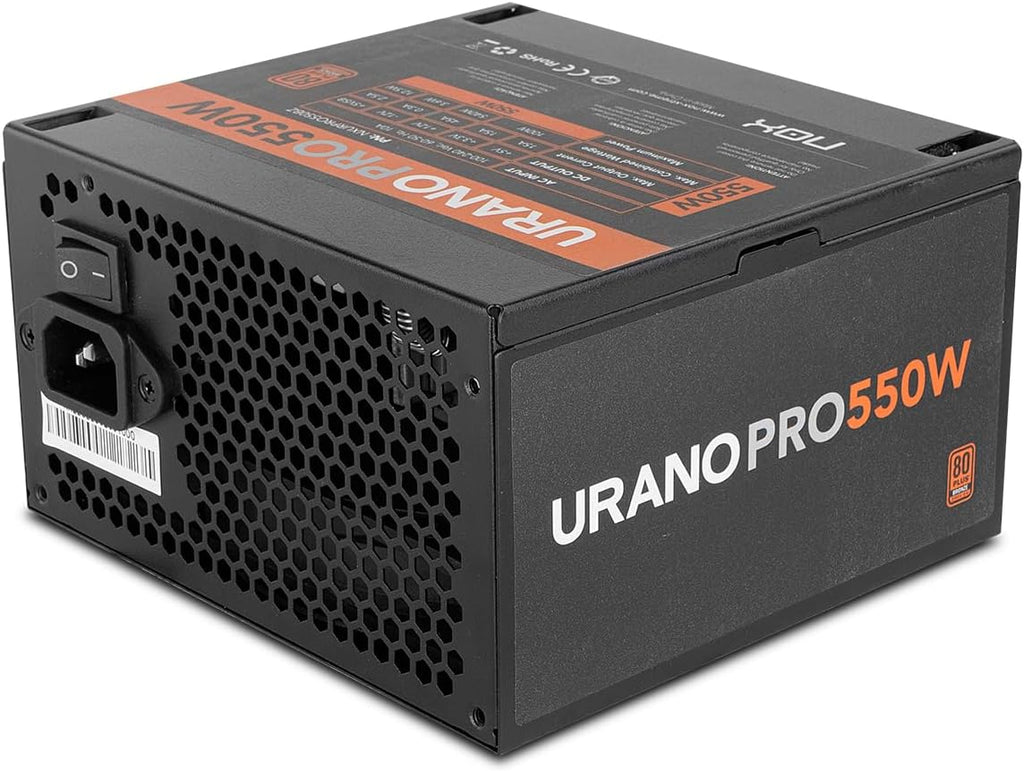 NOX URANO PRO 550W Bronze - Nätaggregat 550W, 80 PLUS Bronze-certifierad, ATX MB, SATA, EPS, PCIE, 12V, Molex, 120mm PWN-fläkt, automatisk spänning (100-240V), svart.