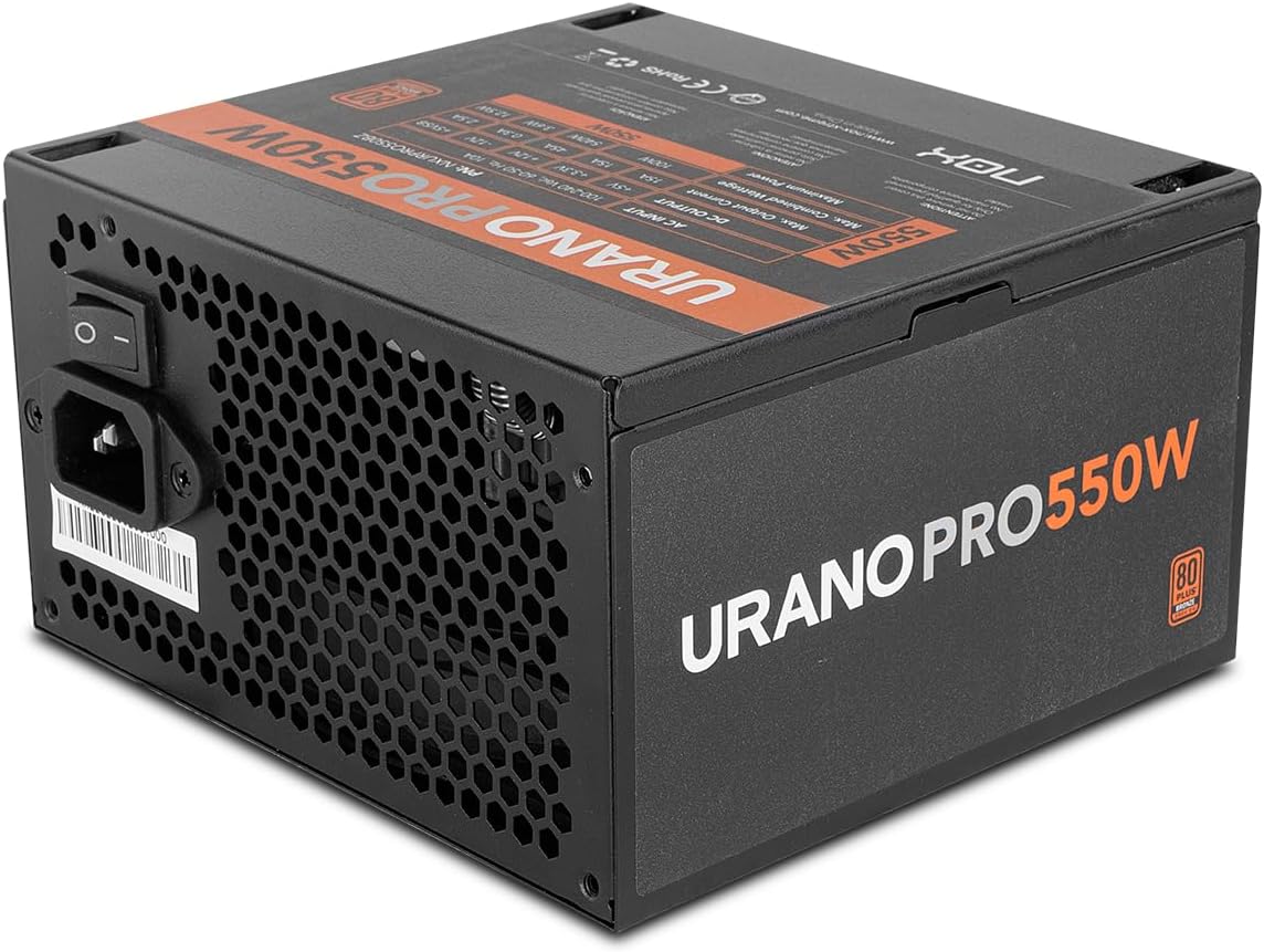 NOX URANO PRO 550W Bronze - Nätaggregat 550W, 80 PLUS Bronze-certifierad, ATX MB, SATA, EPS, PCIE, 12V, Molex, 120mm PWN-fläkt, automatisk spänning (100-240V), svart.