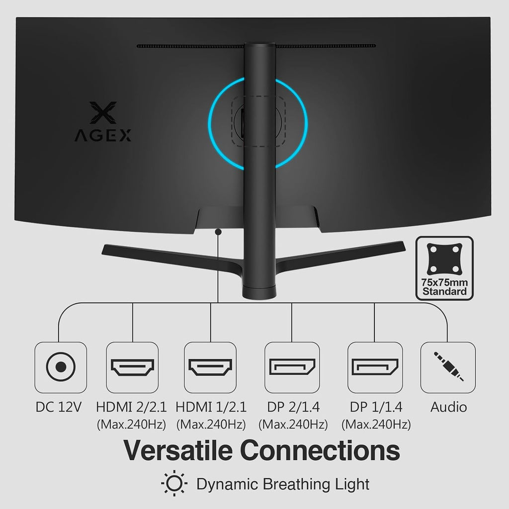 Z-Edge AGEX Böjlig Spel Datorskärm 34 Tum 240Hz, 3440x1440, Höjjusterbar 115mm, UWQHD Ultrawide 21:9, 1500R VA, 1ms, FreeSync, 4000:1, PIP PBP, 2×DP1.4, 2×HDMI2.1, VESA (DP-kabel ingår)