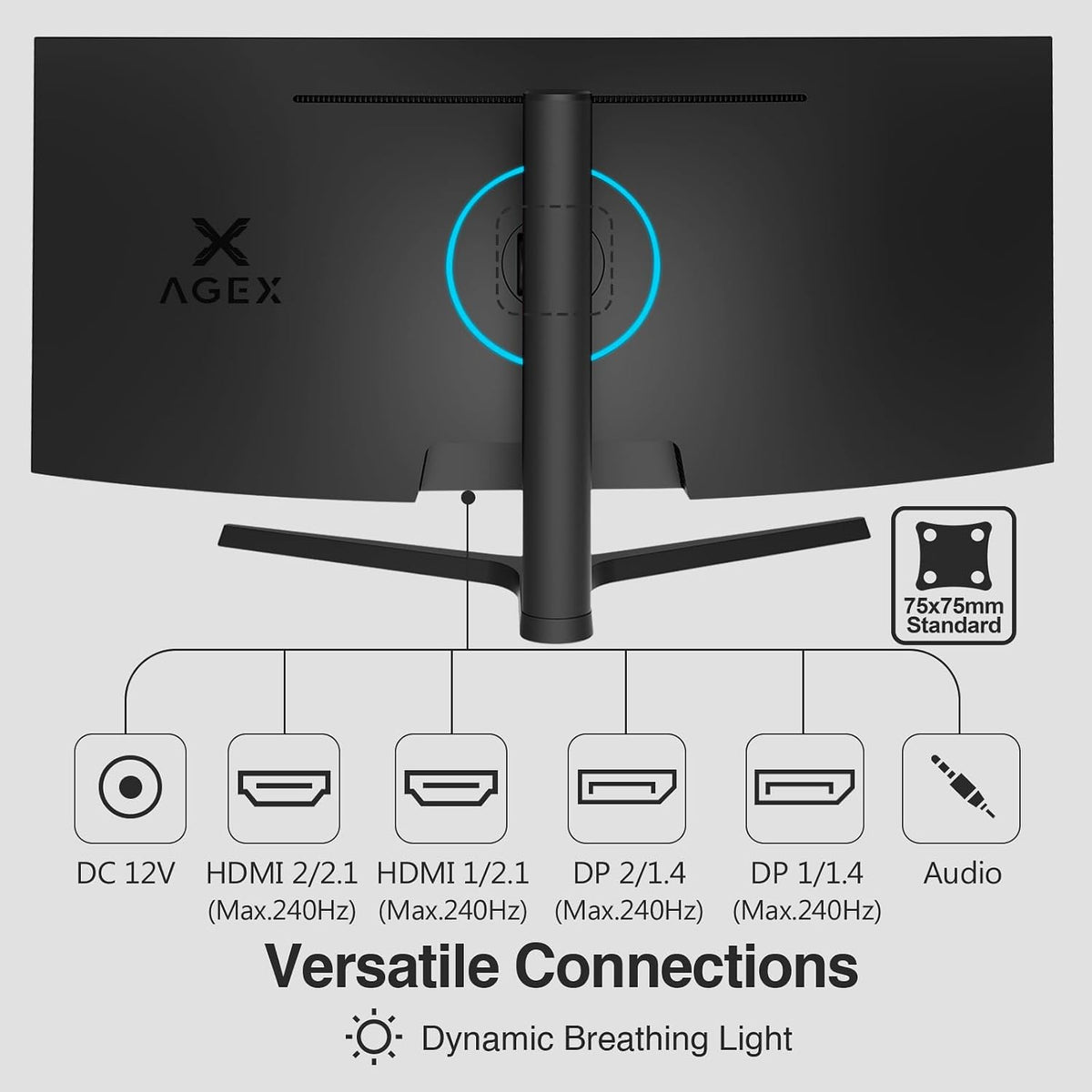 Z-Edge AGEX Böjlig Spel Datorskärm 34 Tum 240Hz, 3440x1440, Höjjusterbar 115mm, UWQHD Ultrawide 21:9, 1500R VA, 1ms, FreeSync, 4000:1, PIP PBP, 2×DP1.4, 2×HDMI2.1, VESA (DP-kabel ingår)