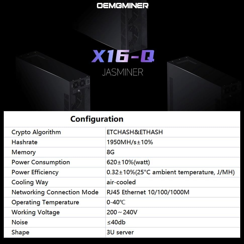 Jasminer X16-Q 1950M 620W 8G etc Ethereum Classic ethf Miner 3U tyst server med strömförsörjning 100 V-240 V (1950 M)