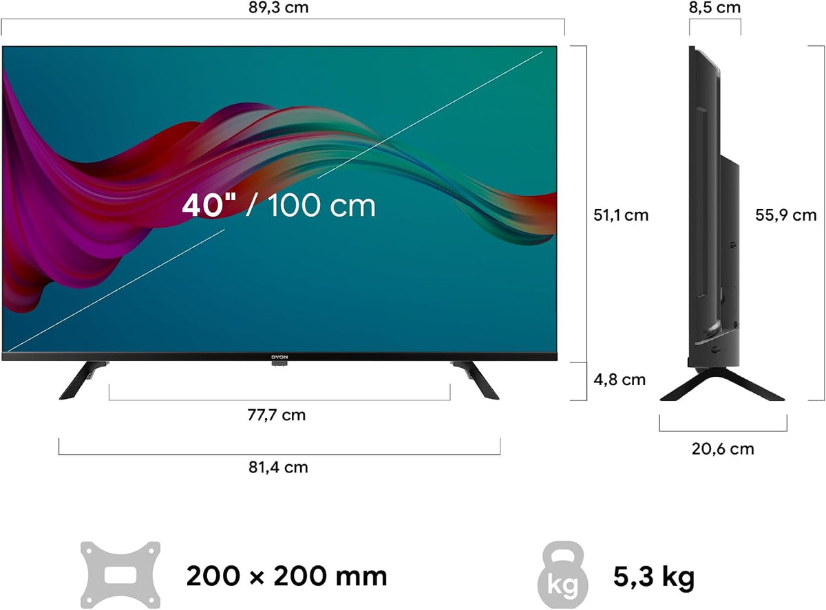 DYON Smart 40 VX-2 Full HD-TV, trippel HD-mottagare (DVB-C/-S2/-T2), App Store, Prime Video, Netflix, YouTube, DAZN, Disney+, svart