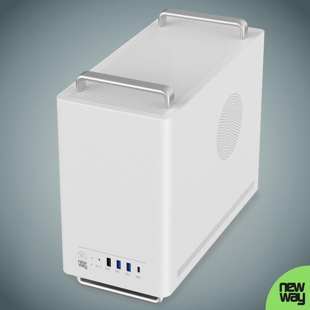 NEWWAY 2025 NC1 bärbart mini-torn, datorchassi, kompatibelt med Mini-ITX, ITX, Micro-ATX, typ-C, USB, inklusive 1 x fläkt, 9 mm, 3 Molex-stift, väggnät i metall (svart)
