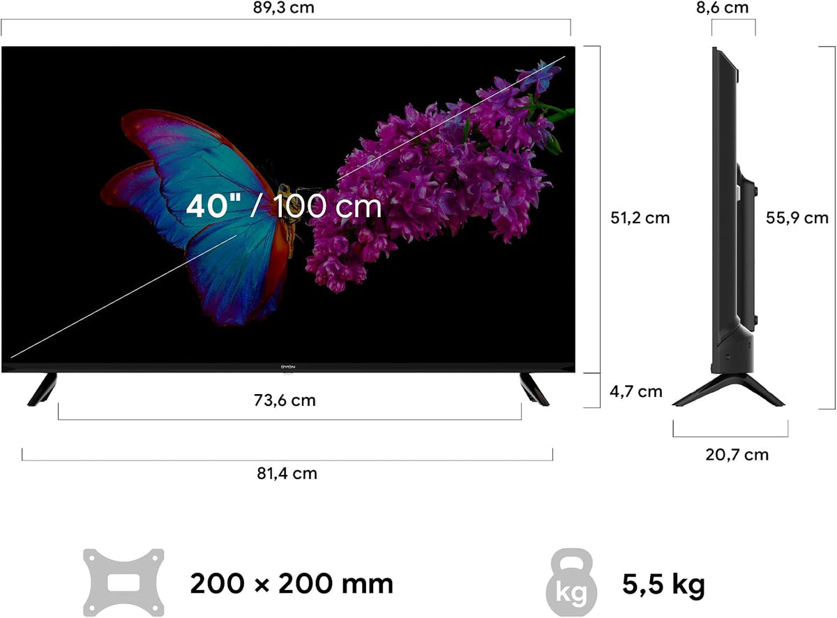 DYON Smart 40 VX-2 Full HD-TV, trippel HD-mottagare (DVB-C/-S2/-T2), App Store, Prime Video, Netflix, YouTube, DAZN, Disney+, svart