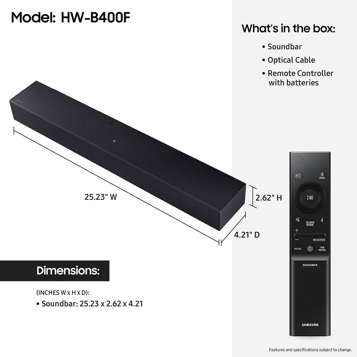 Samsung B-Series Soundbar HW-B550F 2.1 ch DTS Virtual:X Soundbar with Subwoofer (2025 Model) Voice Enhance Mode, Bass Boost, Adaptive Sound