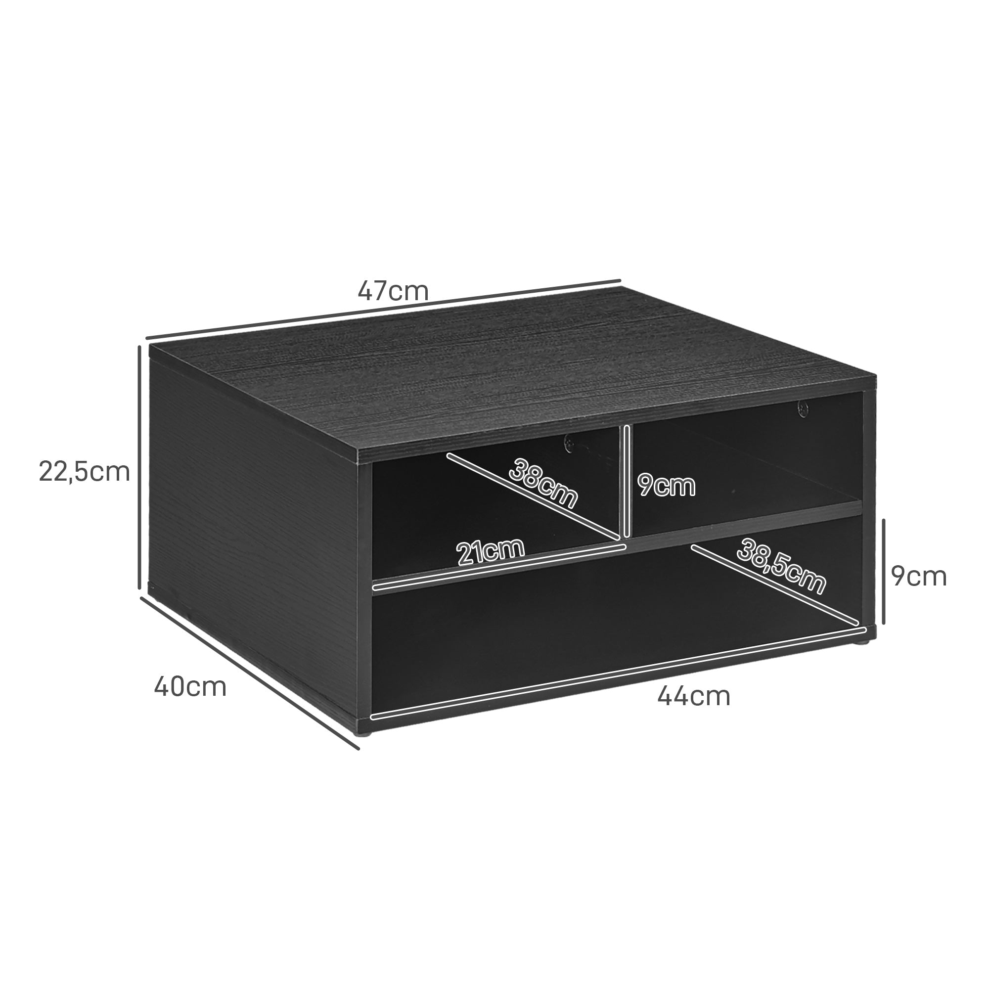 Organiseur bureau aspect noir avec 3 compartiments fournitures support d'imprimante 47 x 40 x 22,5 cm-2