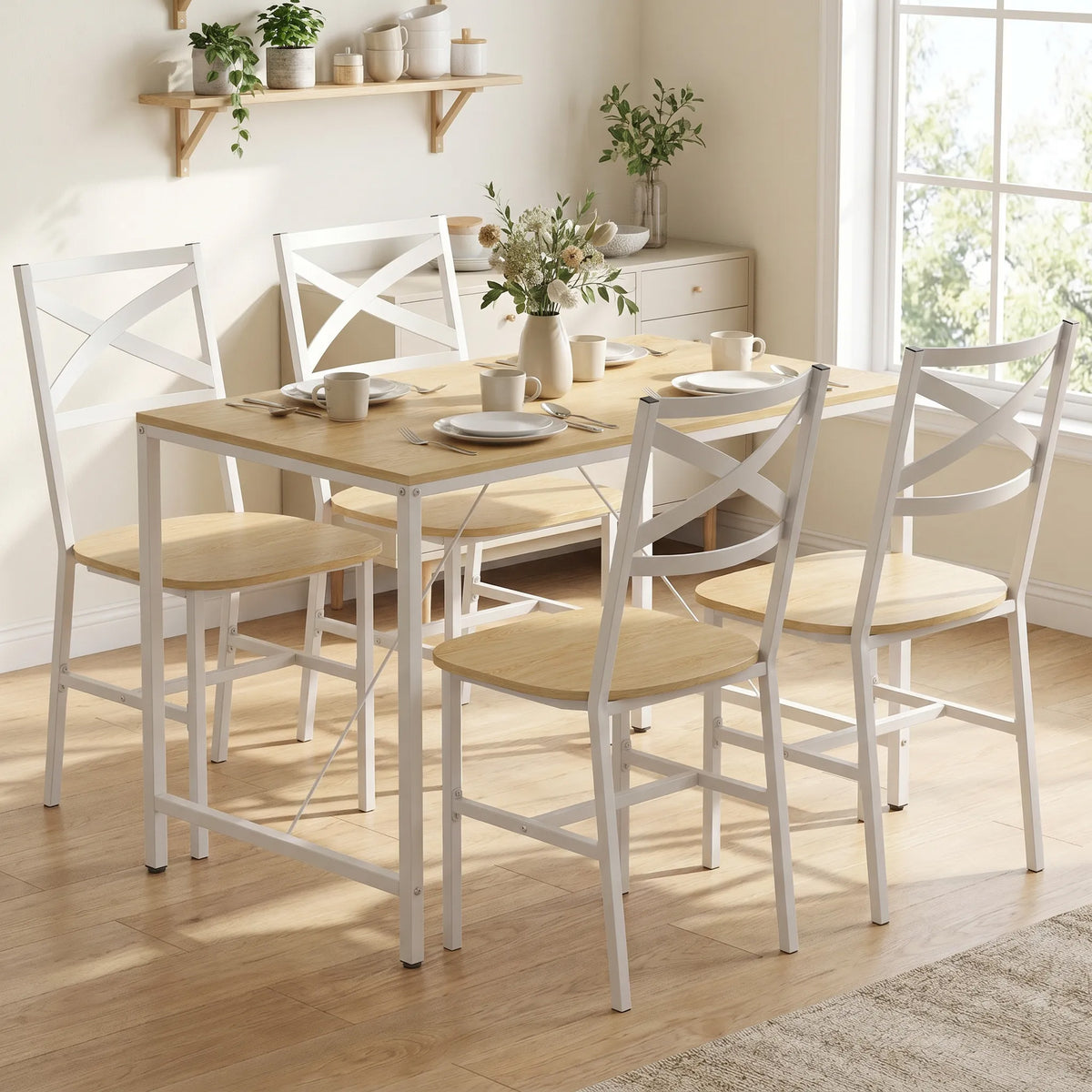 Ensemble Table Salle à Manger avec 4 Chaises, Table de Cuisine avec Chaises pour 4 Personnes, Bois Naturel et Blanc-8