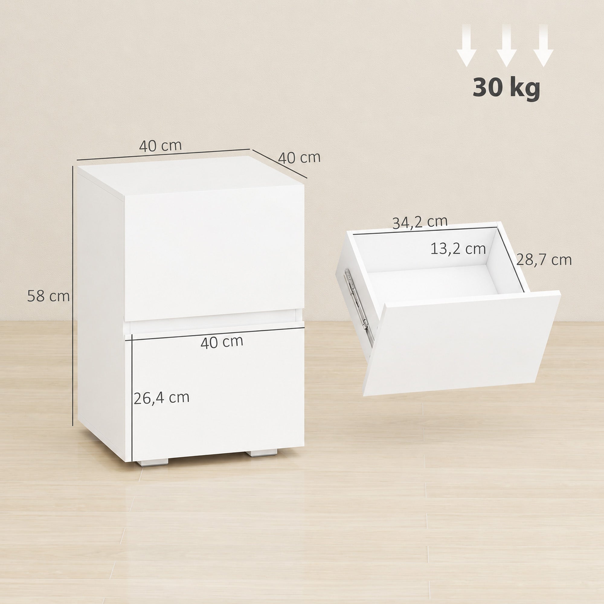 Lot de 2 Tables de Chevet, Tables d'Appoint avec 2 Tiroirs, Façades à Haute Brillance, Plateau Large, 40x40x58cm, Blanc-2