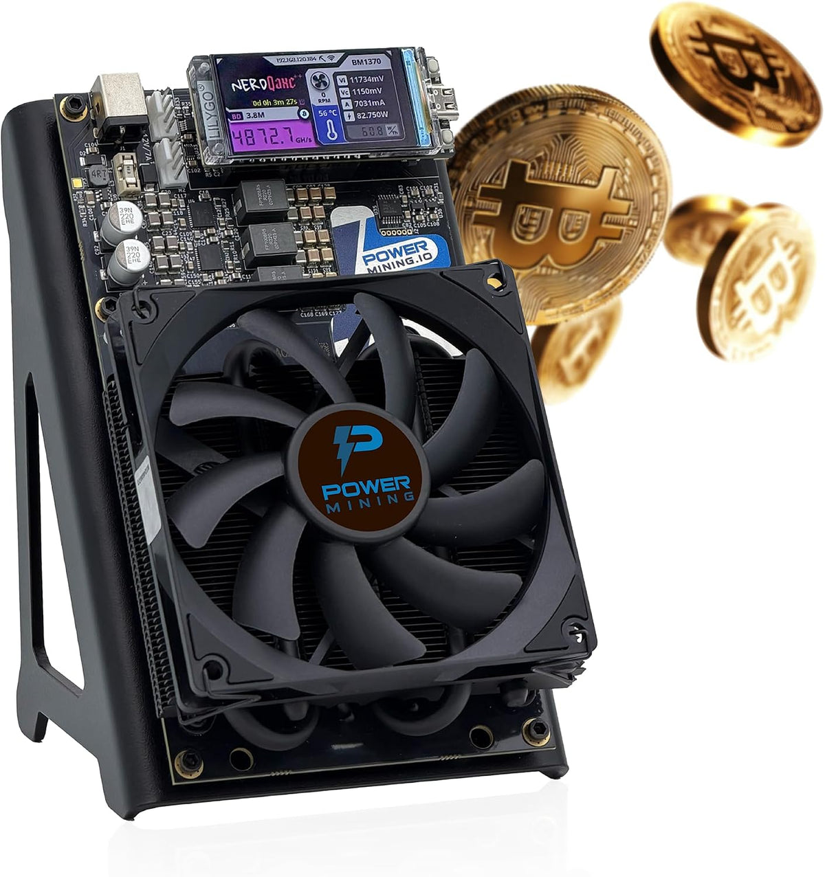 NerdQaxe++ Silent Bitcoin Miner – 4,8 TH/s @ 72 W | 4 × BM1370 chips | låg bruskylning | 2,4 G Wi-Fi & LAN | AxeOS Open-SSource | inkl. strömförsörjning och metallstativ