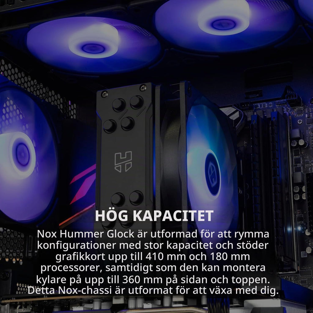 NOX XTREME PRODUCTS Hummer Galaxy - Datorchassi, Ramlöst Härdat Glas, 4x 120mm PWM Fläktar, Plats för 10 Fläktar, USB-C och USB 3.0, ARGB Hub Controller, ATX/M-ATX/ITX, Svart