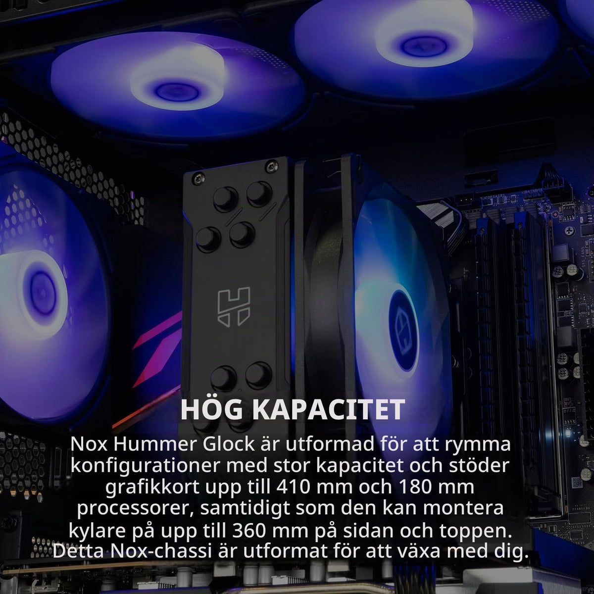 NOX XTREME PRODUCTS Hummer Galaxy - Datorchassi, Ramlöst Härdat Glas, 4x 120mm PWM Fläktar, Plats för 10 Fläktar, USB-C och USB 3.0, ARGB Hub Controller, ATX/M-ATX/ITX, Svart