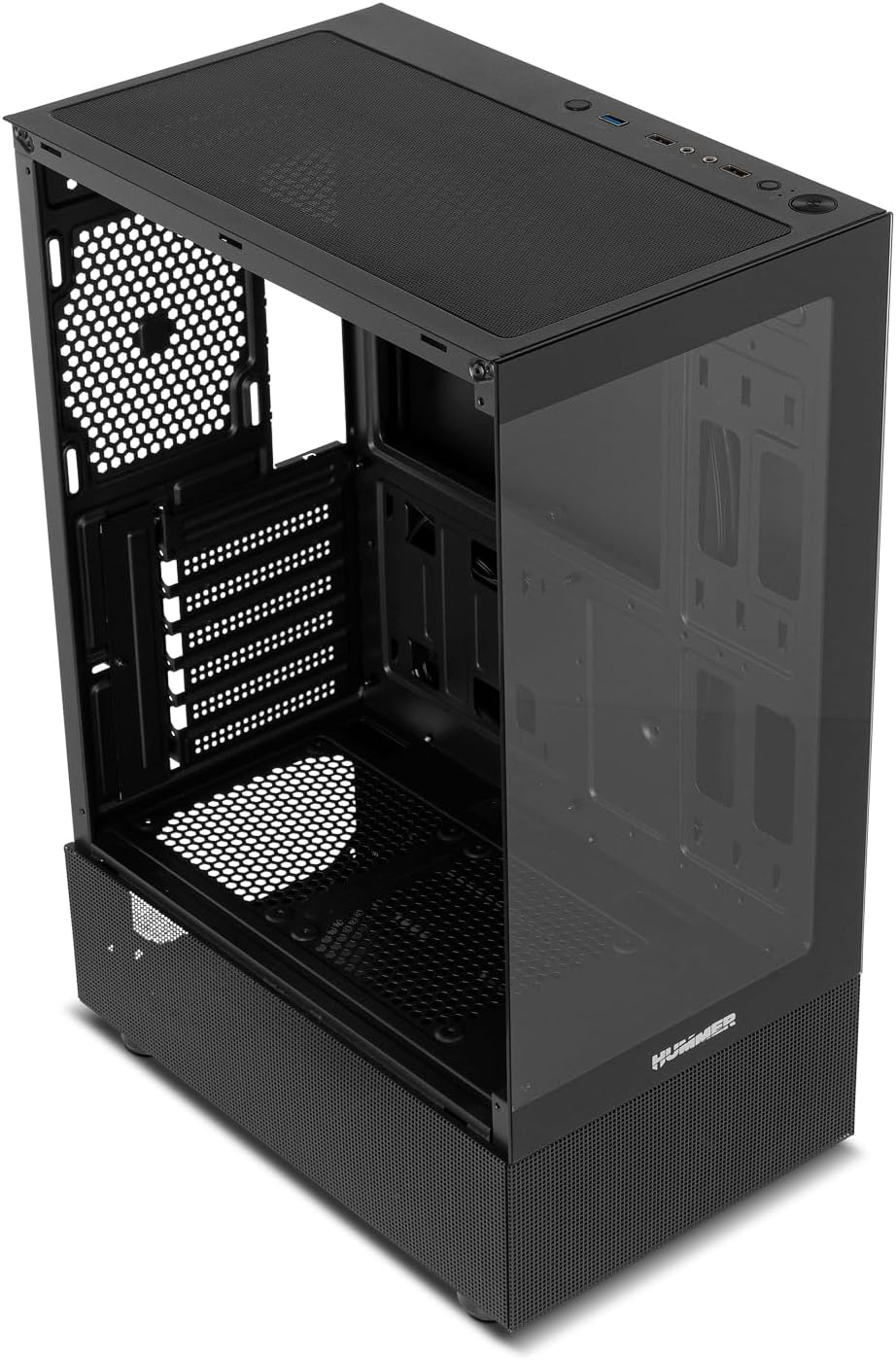 NOX XTREME PRODUCTS Hummer Galaxy - Datorchassi, Ramlöst Härdat Glas, 4x 120mm PWM Fläktar, Plats för 10 Fläktar, USB-C och USB 3.0, ARGB Hub Controller, ATX/M-ATX/ITX, Svart