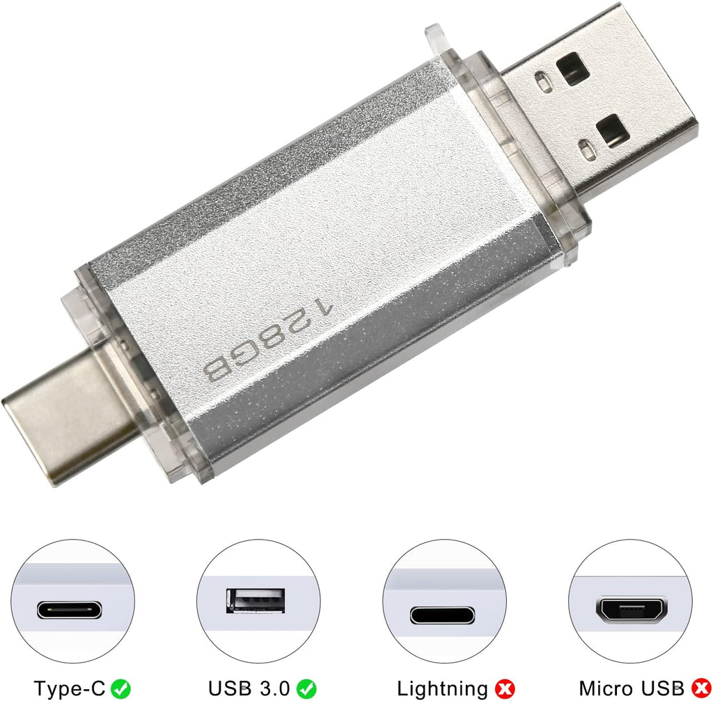 128 GB 2-i-1 USB-minne 128 GB typ-C Pendrive 128GO USB C Flash Drive 128 Giga 2-i-1 OTG Pen 128GO för PC/surfplatta/Laptop/Smartphone med typ C, Xiaomi/Huawei (silver)