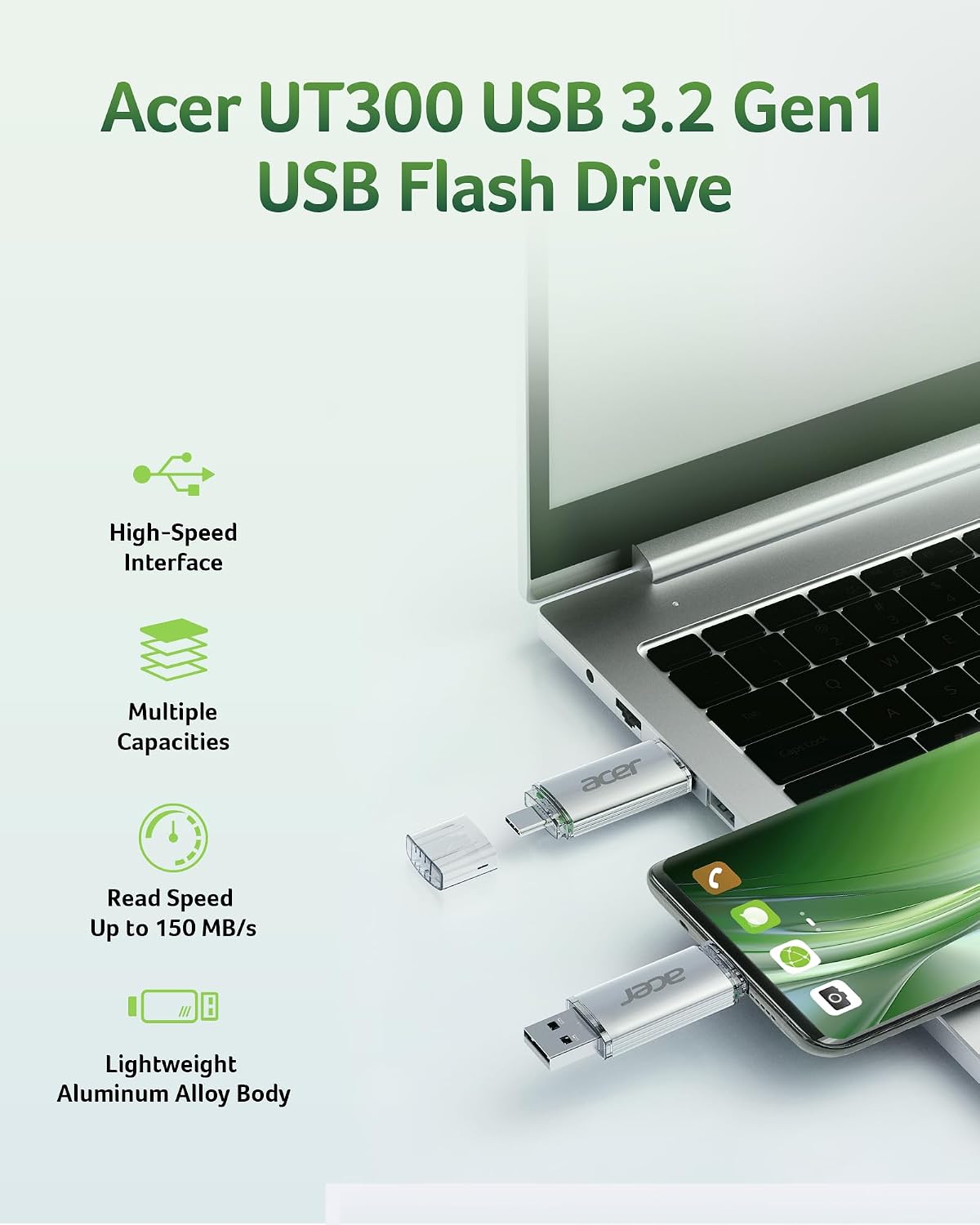 Acer USB Flashminne UT300 64 GB USB 3.2 Gen1, upp till 150 MB/s, med dubbla portar (Typ A och Typ C) för PC/bärbar dator/MacBook/smartphone