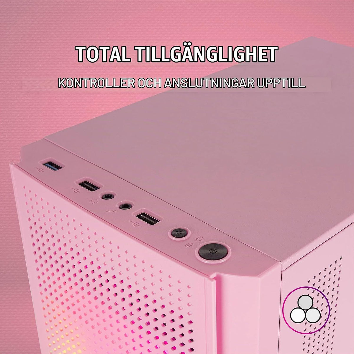 Mars Gaming MC300P rosa, Micro-ATX PC-hölje, härdat glas, meshfront, 3 x FRGB fläkt