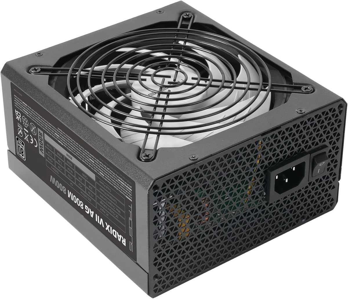 Tacens RADIX VII AG 800, full modul 800 W ATX strömförsörjning, 10 års garanti, 80Plus silver, +87% effektivitet, 140 mm FDB-fläkt med AI-RPM-teknik, japanska kondensatorer 105º, svart