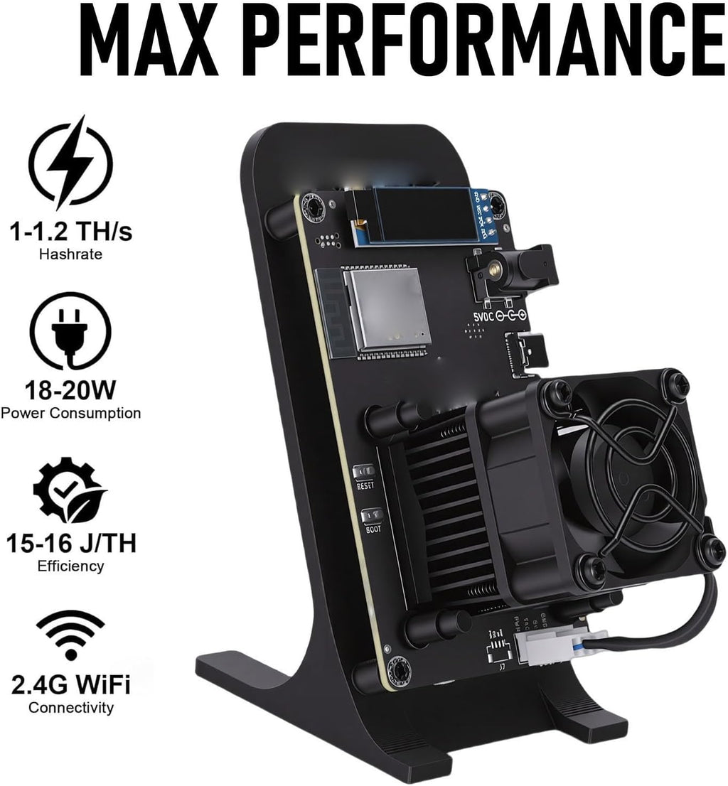 Tosuny Bitcoin Miner, Open Source BTC Mining Machine, BM1370 ASIC Chip, 1-1,2 TH/s Efficient Mining, 2,4G WiFi, 0,96" Display, Home Crypto Currency Miner Support AxeOS (BLACK)