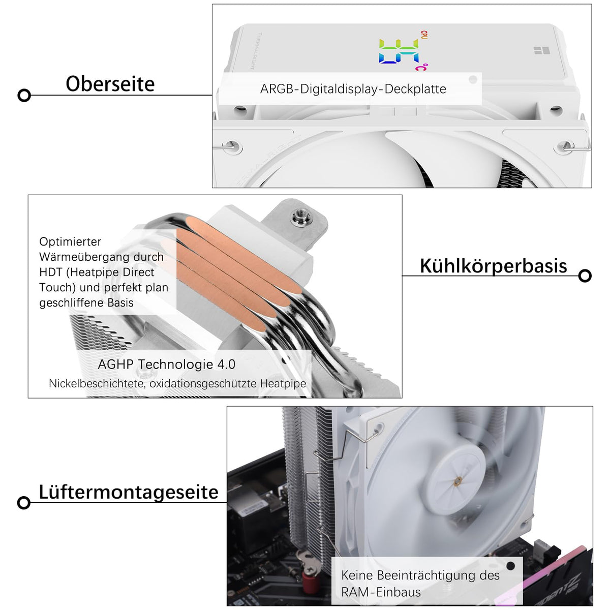TR-Thermalright Assassin X 120 Digital ARGB vit CPU-kylare, 4 värmerör ARGB-fläkt 120 mm-2 000 varv/min, topplock med digital skärm, för AM5/AM4, Intel LGA1851/1700, vit