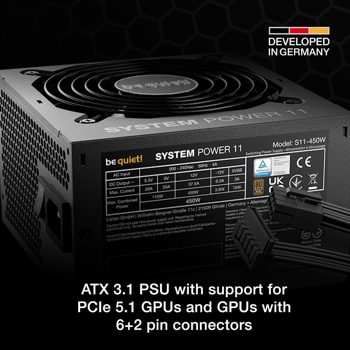 be quiet! System Power 11 450W nätaggregat, ATX 3.1-nätaggregat, fullt stöd för PCIe 5.1-GPU:er, 120 mm be quiet!-fläkt, kraftfull 12 V-linje, DC/DC-omvandlare, 80 Plus® Bronze-effektivitet