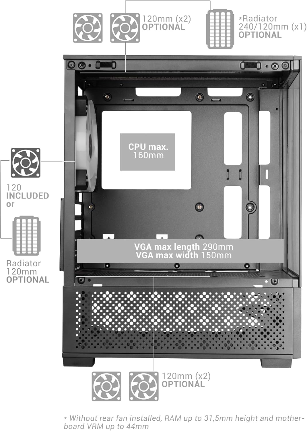 Mars Gaming MC-SE2, MicroATX Gaming Chassi, Härdat Glas Fram och Sida Utan Ram, 120mm FRGB Fläkt, Dubbelkammarsstruktur, Kompakt PC-Minitorn med Stor Intern Kapacitet, Vit