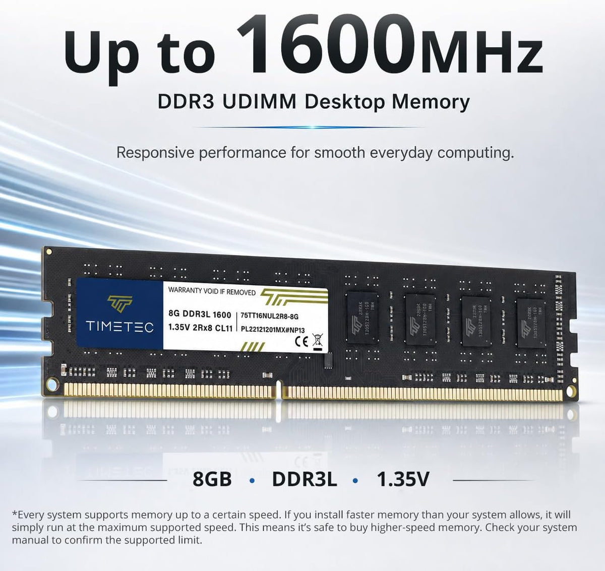 Timetec 16GB (2x8GB) DDR3L / DDR3 1600MHz PC3L-12800 / PC3-12800 Ingen ECC Obuffrad 1,35V / 1,5V CL11 2Rx8 Dual Rank 240 Pin UDIMM Stationär dator RAM-minne (SDRAM) uppgraderingsmodul