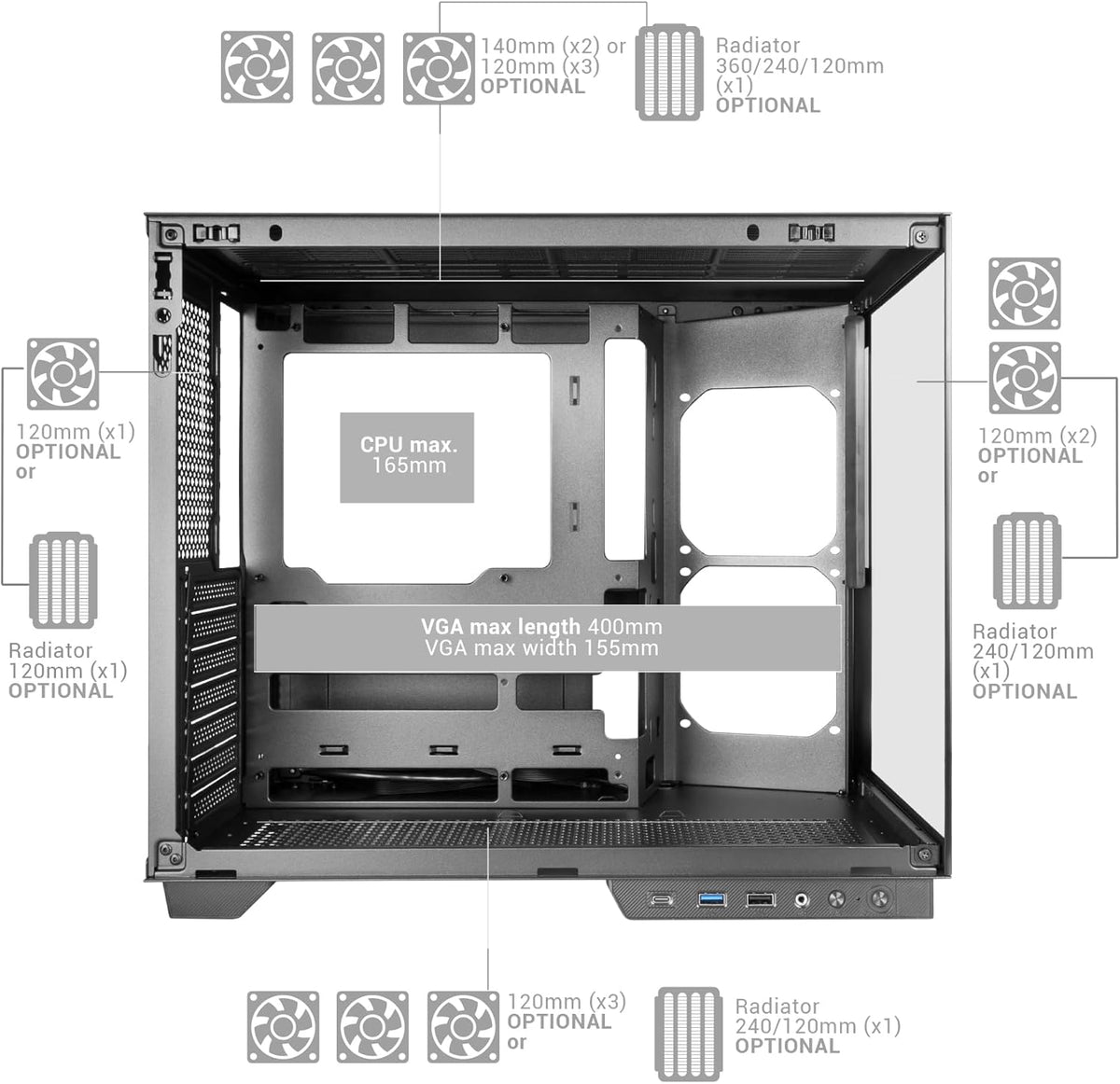 Mars Gaming MC-MIRAGE, Gaming Chassi ATX, 7,2” Anpassningsbar LCD IPS Skärm, Kontinuerat Härdat Glas Front + Sida, Dubbelkammare Struktur, Stöd för Vätskekylning upp till 360mm, Svart