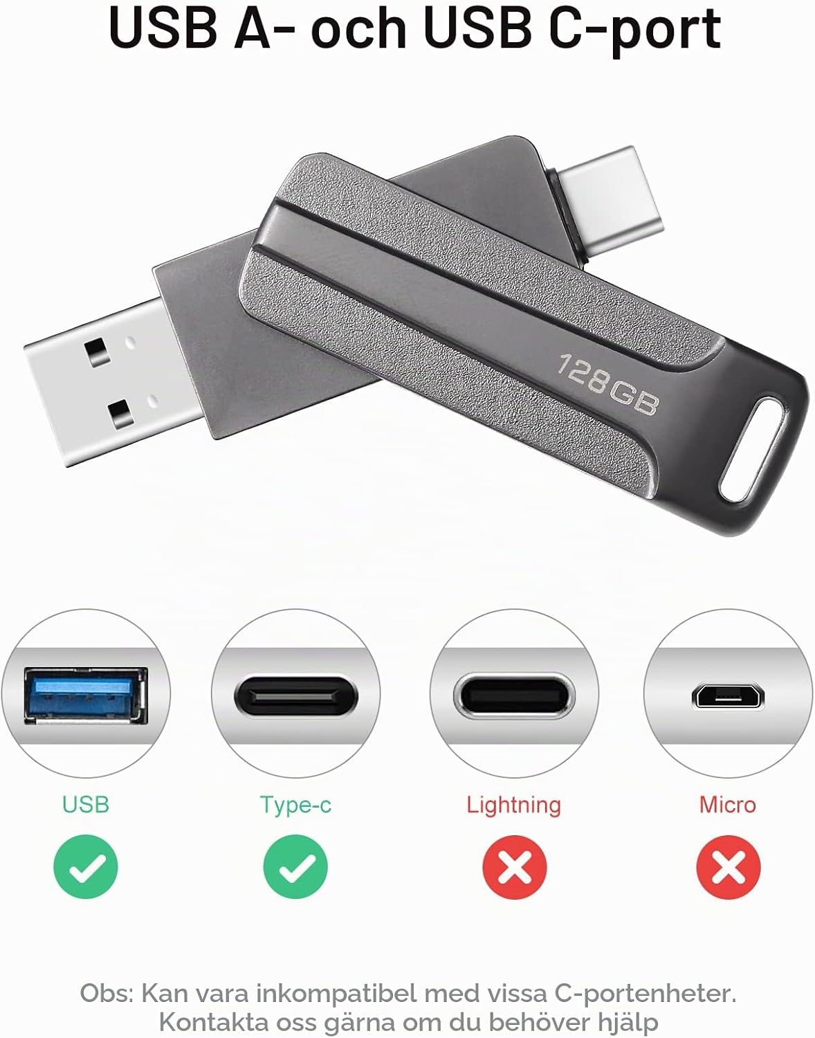 128 GB 2-i-1 USB-minne 128 GB typ-C Pendrive 128GO USB C Flash Drive 128 Giga 2-i-1 OTG Pen 128GO för PC/surfplatta/Laptop/Smartphone med typ C, Xiaomi/Huawei (silver)