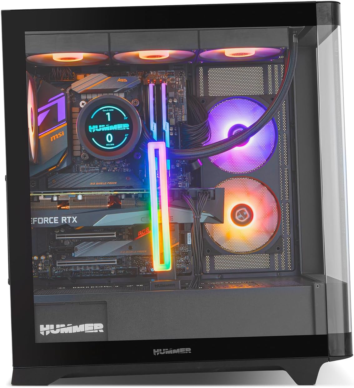 NOX XTREME PRODUCTS Hummer Galaxy - Datorchassi, Ramlöst Härdat Glas, 4x 120mm PWM Fläktar, Plats för 10 Fläktar, USB-C och USB 3.0, ARGB Hub Controller, ATX/M-ATX/ITX, Svart