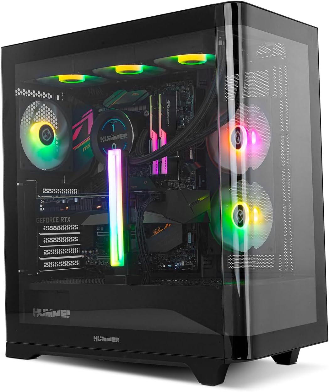 NOX XTREME PRODUCTS Hummer Galaxy - Datorchassi, Ramlöst Härdat Glas, 4x 120mm PWM Fläktar, Plats för 10 Fläktar, USB-C och USB 3.0, ARGB Hub Controller, ATX/M-ATX/ITX, Svart